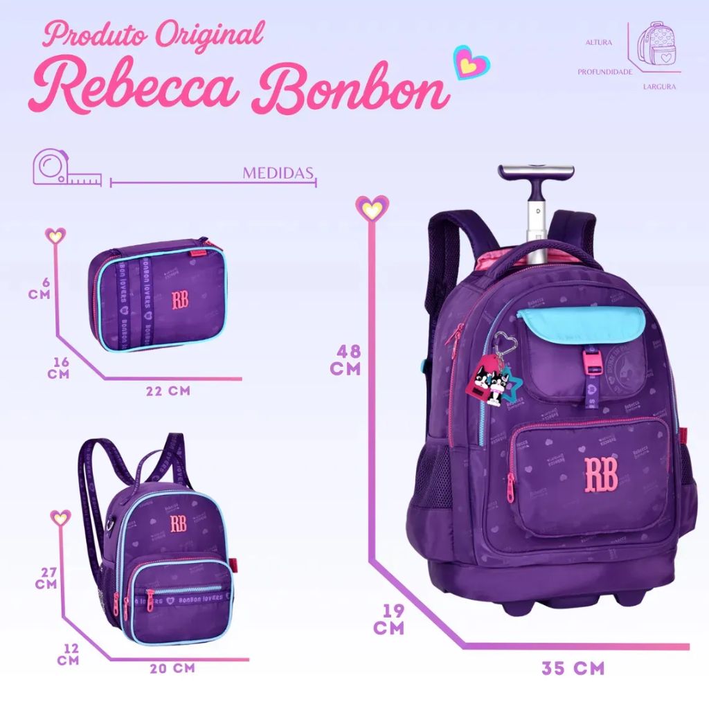 Mochila Fashion Lovers 2026 com Mochila de Rodinhas + Lancheira Térmica + Estojo