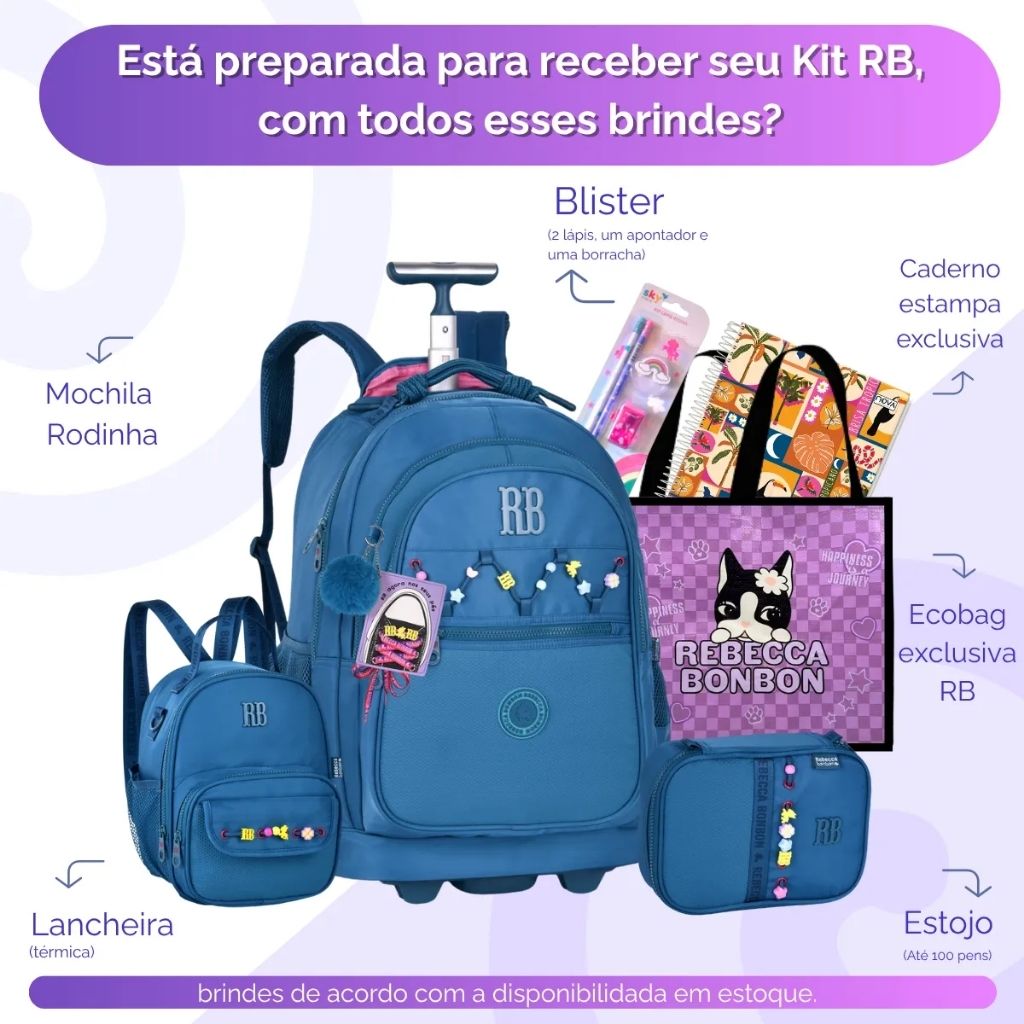 Mochila Fashion Lovers 2026 com Mochila de Rodinhas + Lancheira Térmica + Estojo
