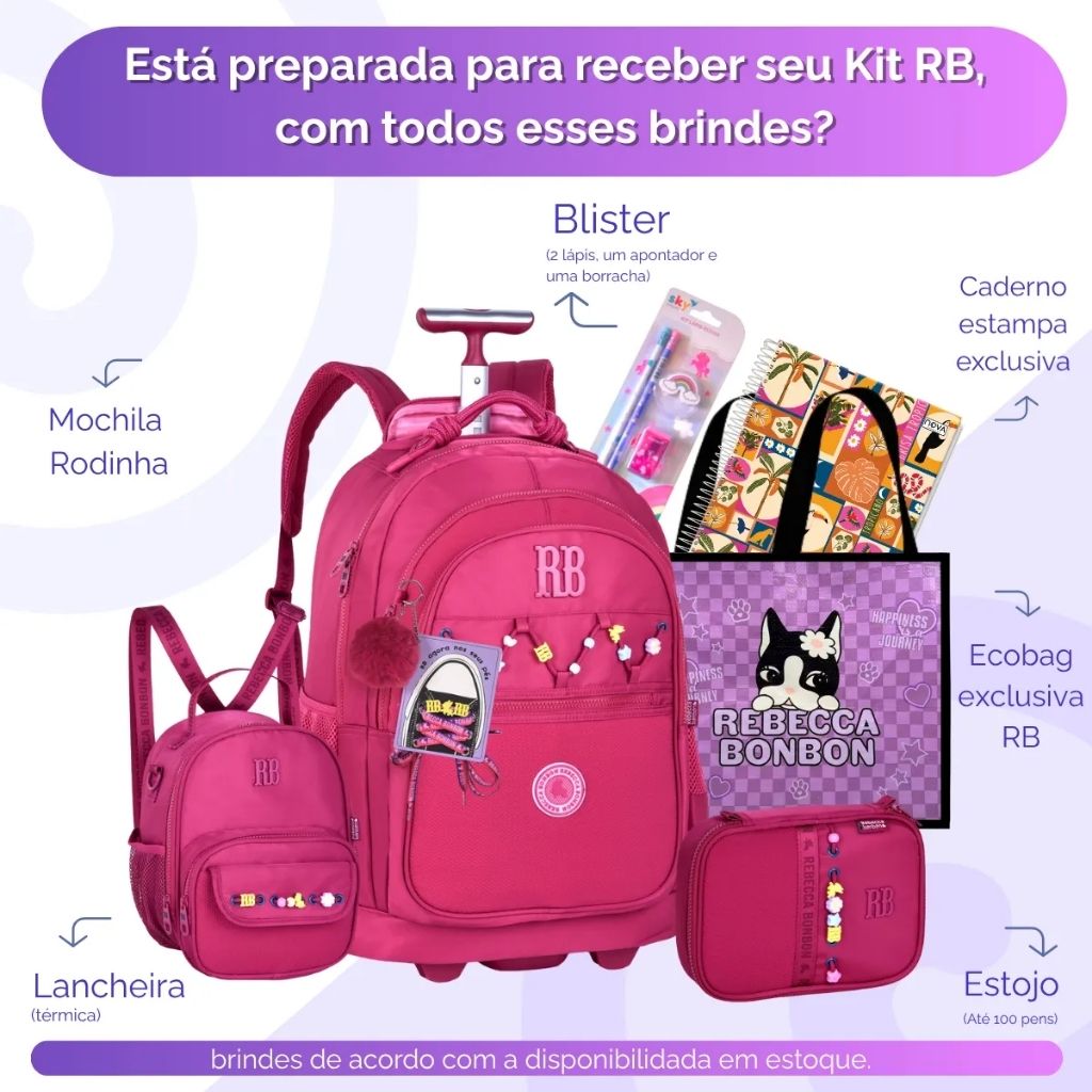 Mochila Fashion Lovers 2026 com Mochila de Rodinhas + Lancheira Térmica + Estojo