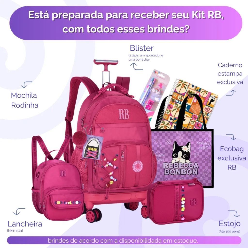 Mochila Fashion Lovers 2026 com Mochila de Rodinhas + Lancheira Térmica + Estojo
