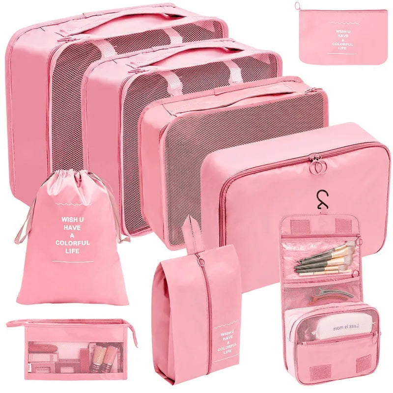 Necessaire 9 Peças Organizador De Malas E Bolsas Cosméticos Para Viagem Cor Rosa