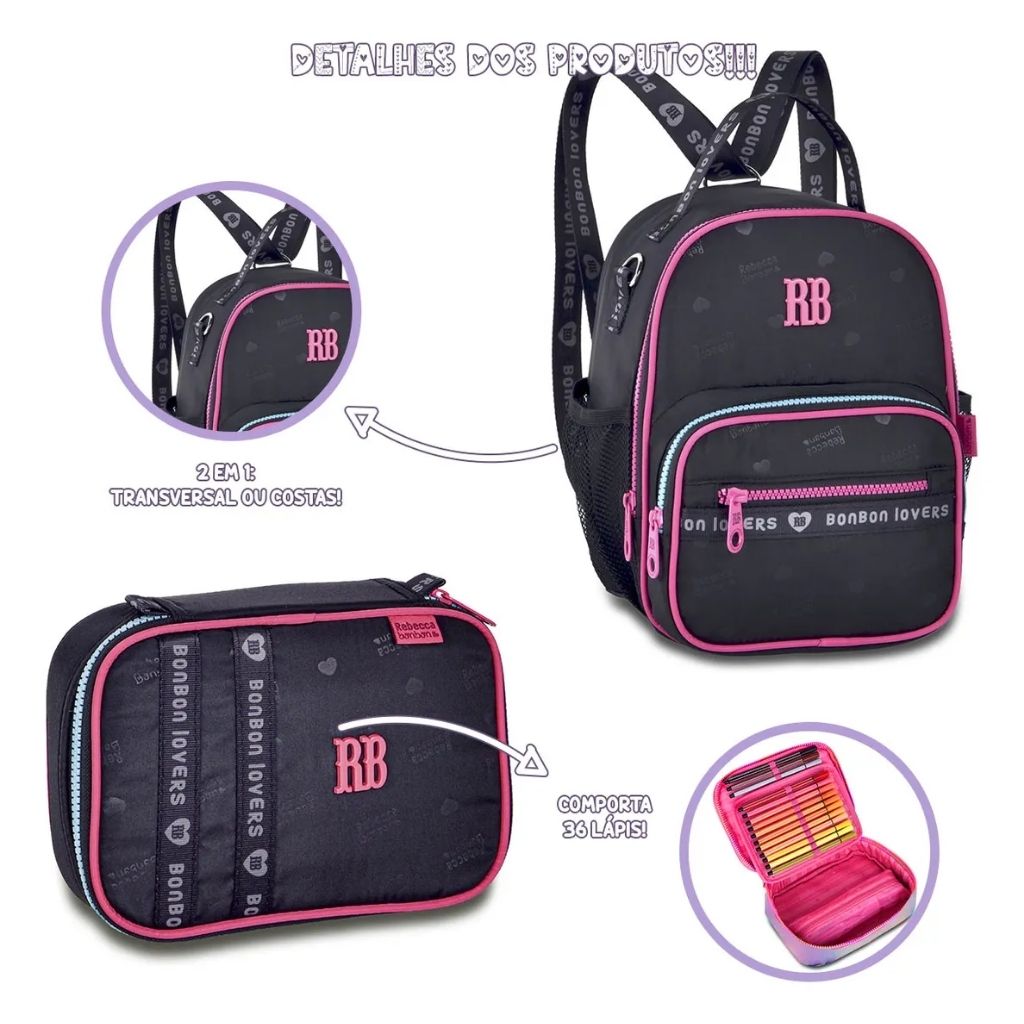 Kit Mochila Fashion 2026 com Mochila + Lancheira Térmica + Estojo