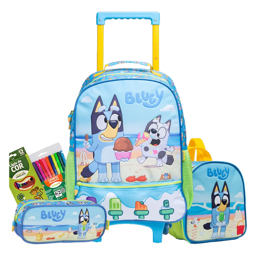 Kit Mochila Bluey 2026 com Mochila de Rodinhas + Lancheira Térmica + Estojo