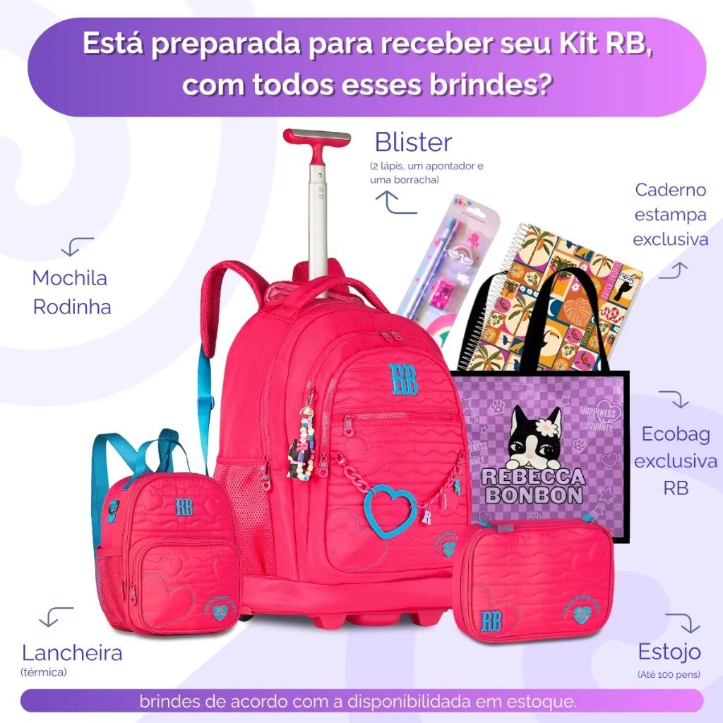 Mochila Fashion Lovers 2026 com Mochila de Rodinhas + Lancheira Térmica + Estojo
