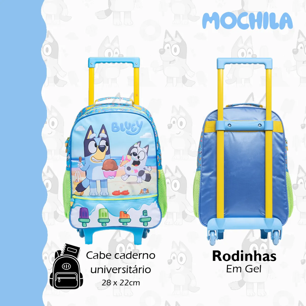 Kit Mochila Bluey 2026 com Mochila de Rodinhas + Lancheira Térmica + Estojo