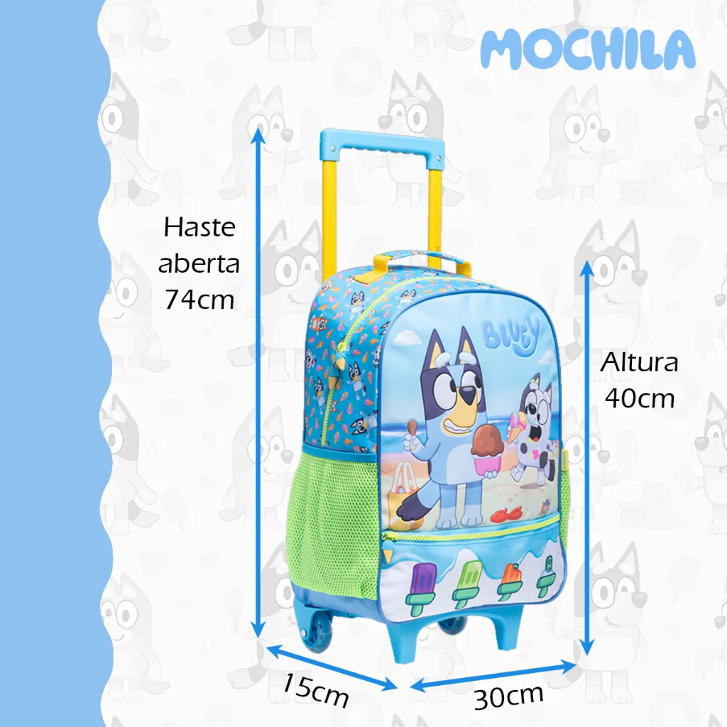 Kit Mochila Bluey 2026 com Mochila de Rodinhas + Lancheira Térmica + Estojo