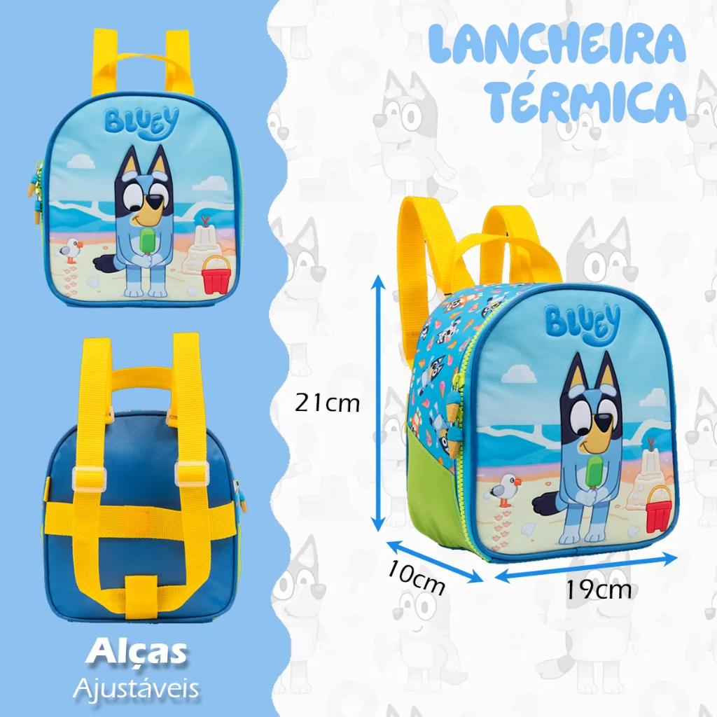 Kit Mochila Bluey 2026 com Mochila de Rodinhas + Lancheira Térmica + Estojo
