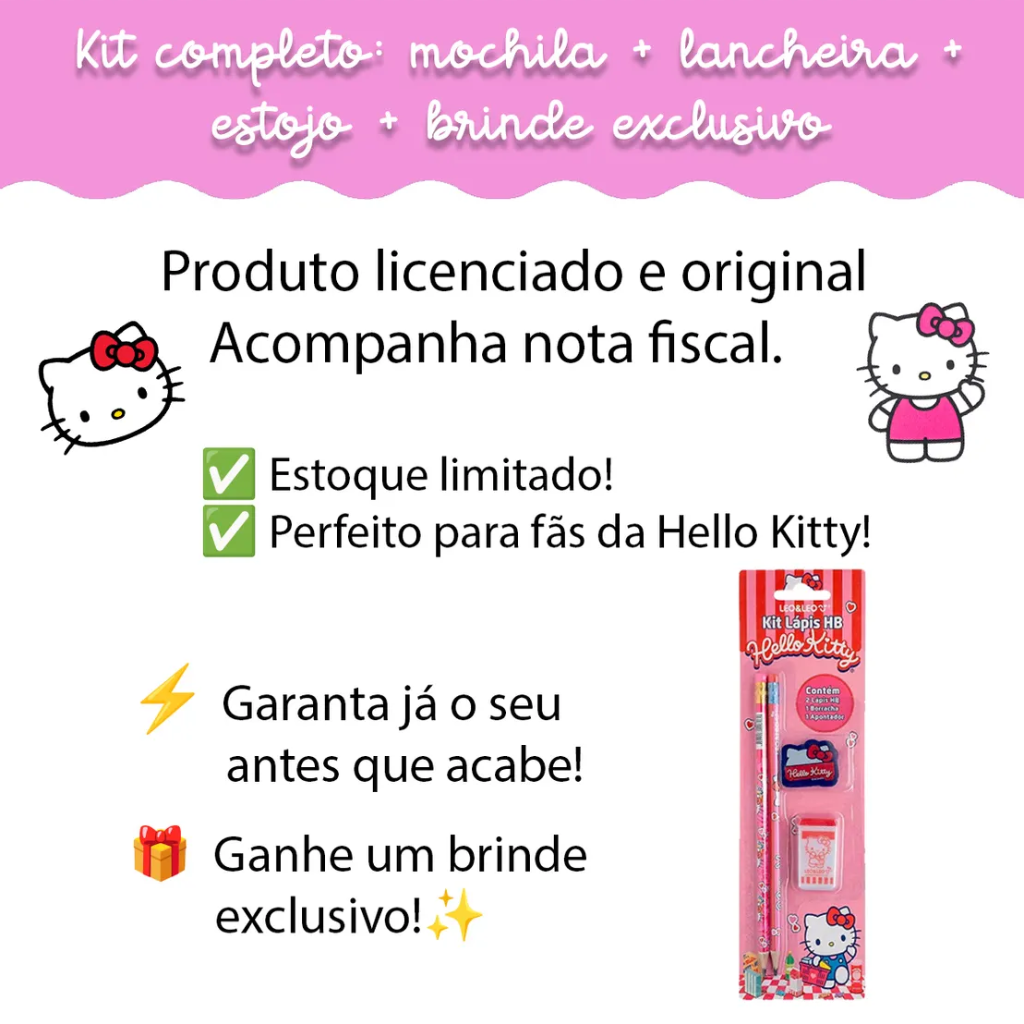 Kit Mochila Kitty 2026 com Mochila + Lancheira Térmica