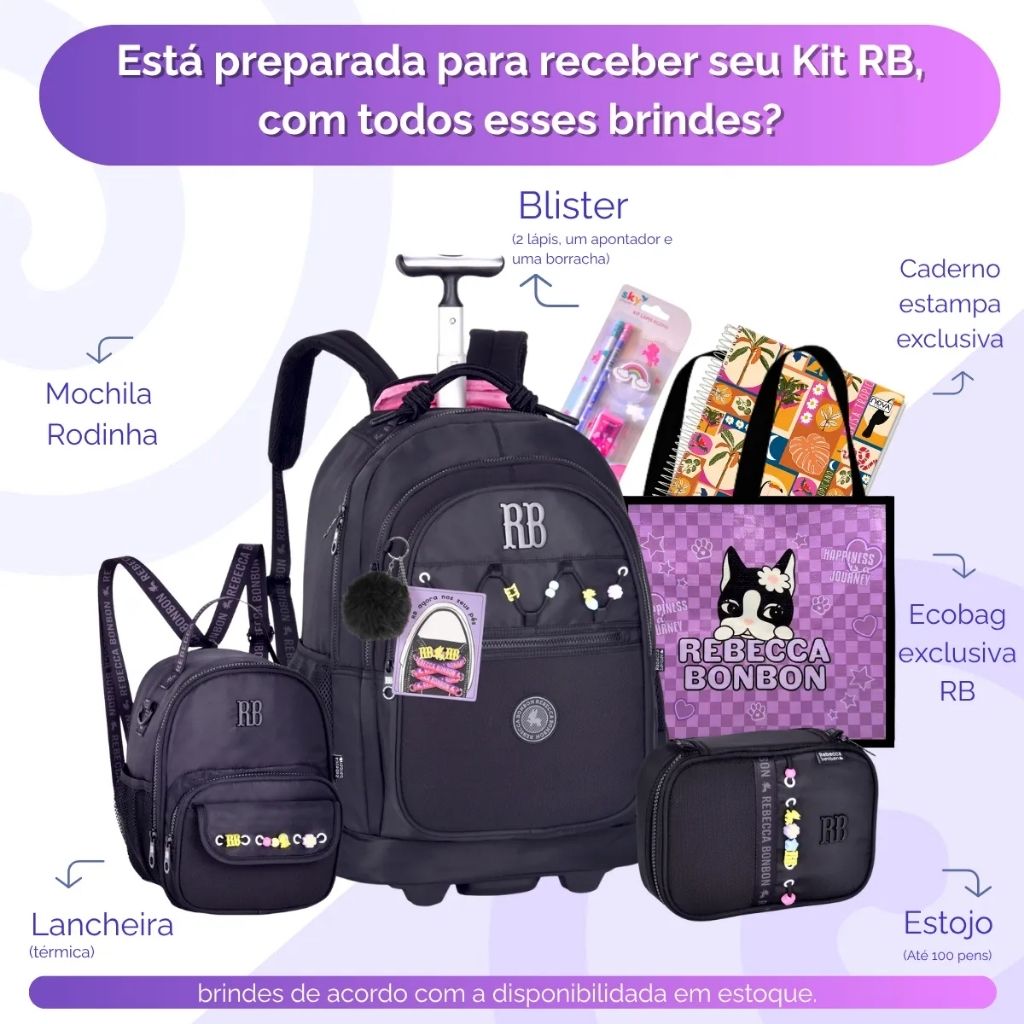 Kit Mochila Fashion Lovers 2026 com Mochila de Rodinhas + Lancheira Térmica + Estojo