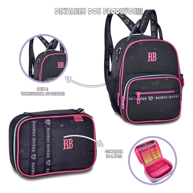 Detalhes: mini mochila 2 em 1 e estojo box com capacidade